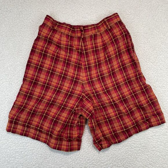 Vintage Womens Plaid Shorts 10 Medium Red Yello Pink Pleated Linen Cotton Blend - Picture 4 of 7